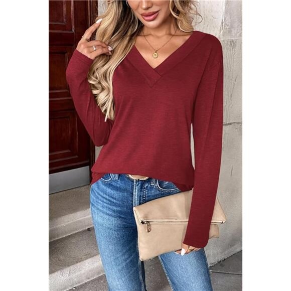 V-Neck Long Sleeve Top – Floral & Solid Casual Blouse - Picture 3 of 4